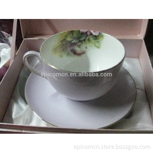 pink glaze gold line fine bone china cup and saucer stock on sale